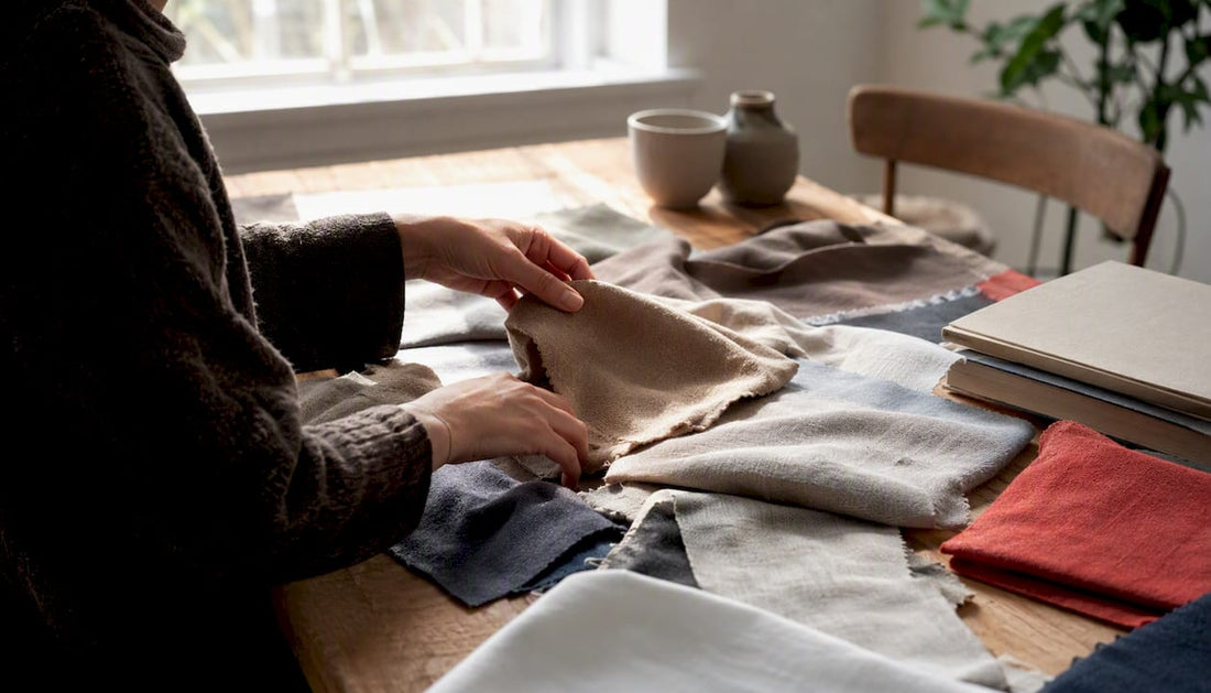 Hands examining high-quality fabric swatches