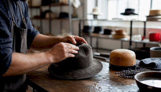 Hands reshaping a damp fedora
