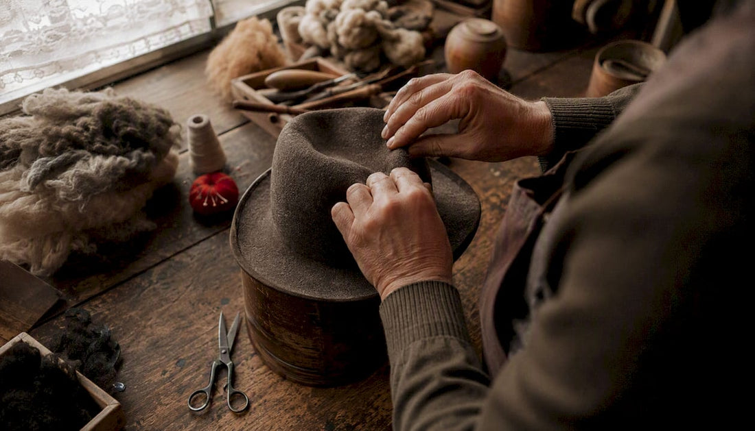 Hands sewing wool hat in artisan workshop