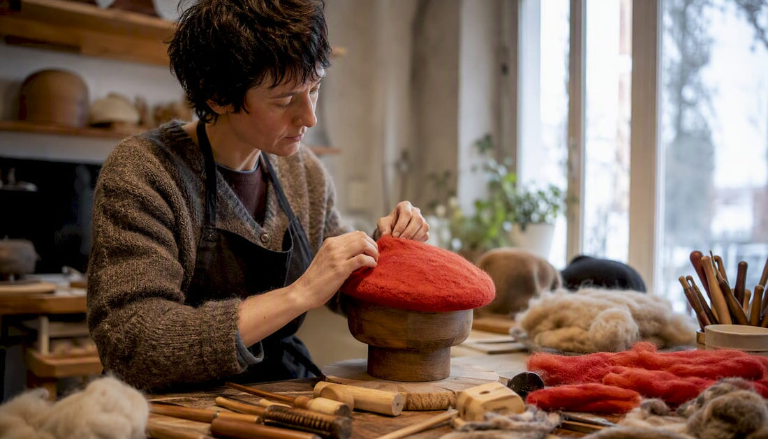 Artisan shaping felted wool beret by hand