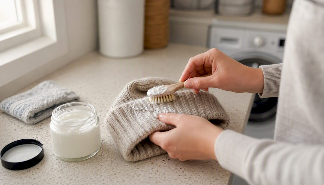 Hands applying baking soda paste to hat sweatband