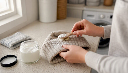 Hands applying baking soda paste to hat sweatband