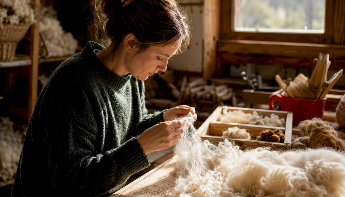 Hands separating fine wool fibres close-up