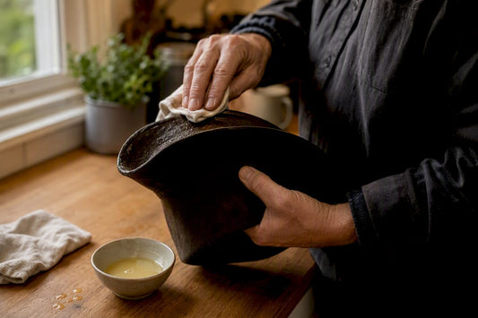 Hands spraying waterproof treatment on wool hat brim