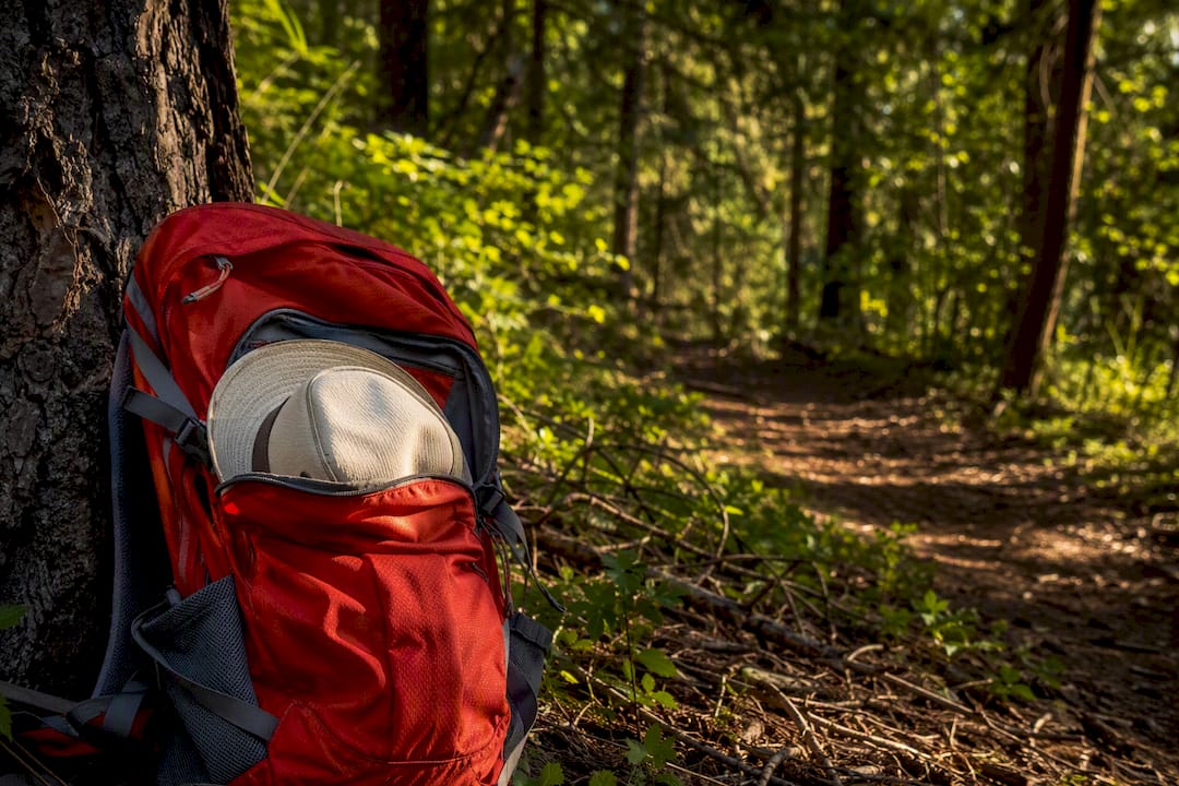 Backpack with hiking cap brim on trail side