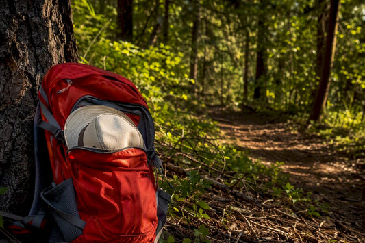 Backpack with hiking cap brim on trail side