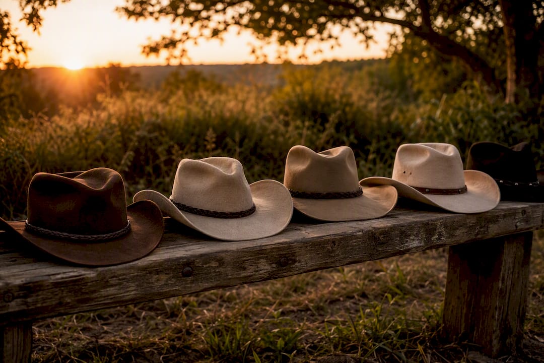 Variety of cowboy hats on wooden table