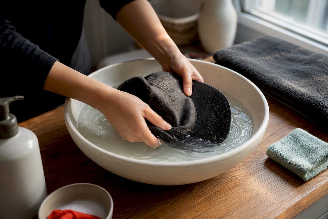 Hands gently washing a cap in basin