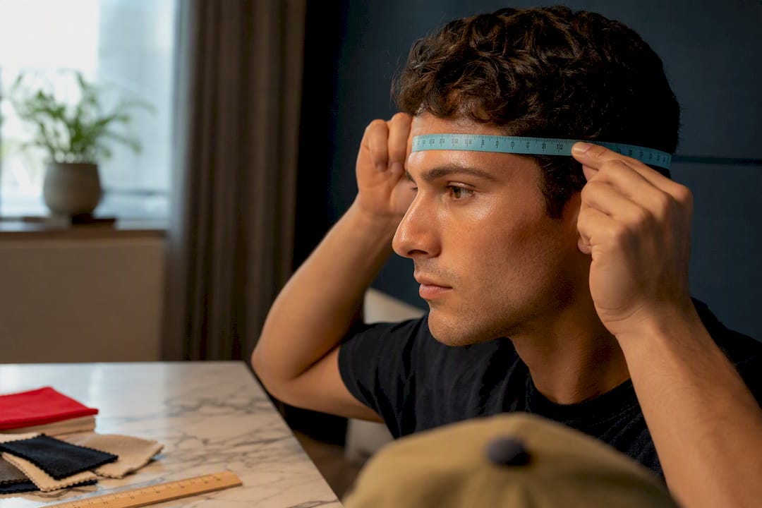 Person measuring head circumference for cap