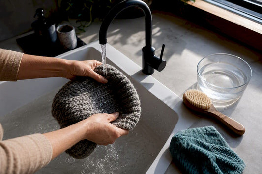 Hands rinsing the edge of a wool hat