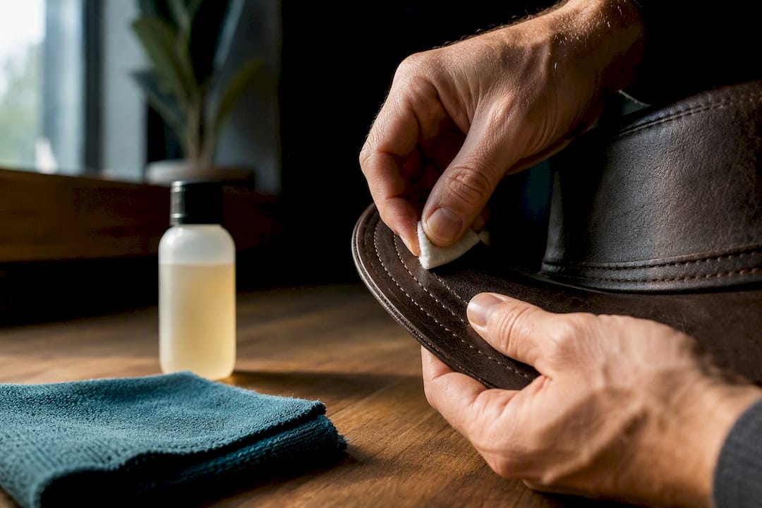 Hands patch-testing cleaner beneath leather hat brim