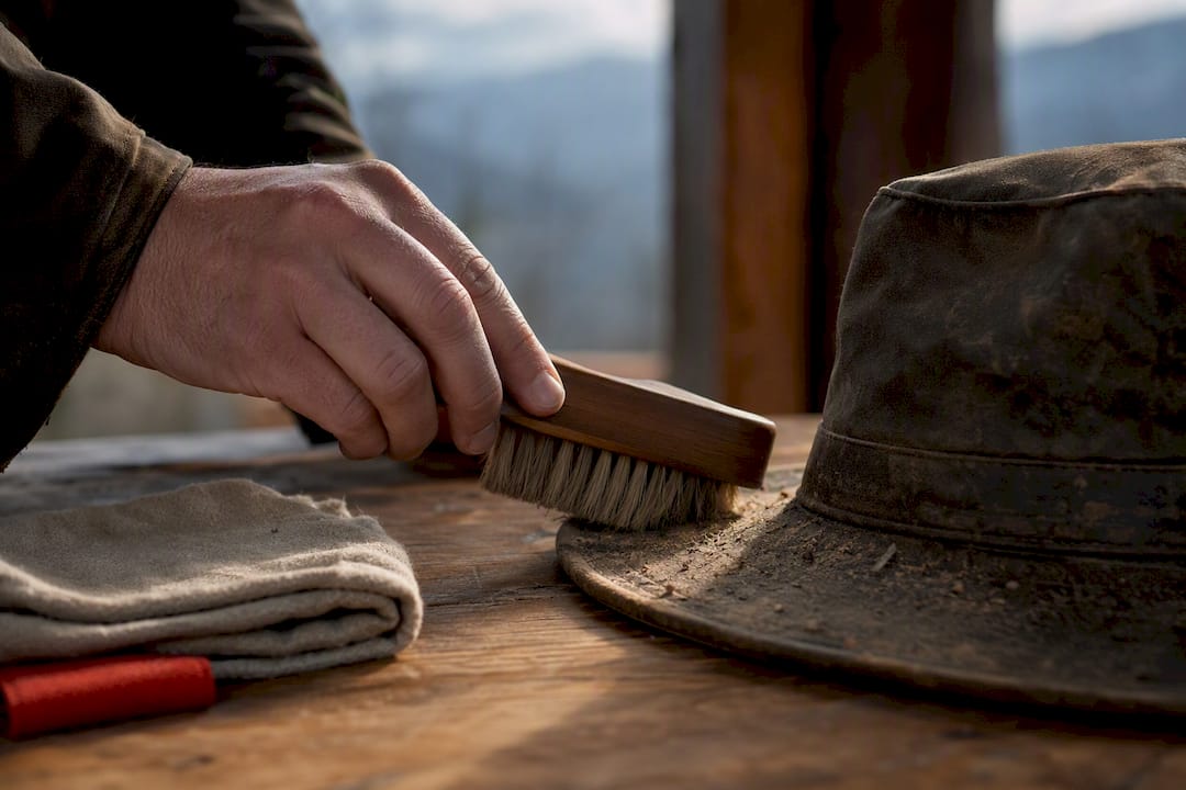 Hand brushing dried grit from oilskin brim