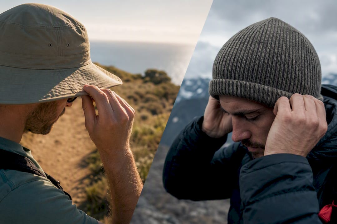 Cropped bucket hat and ribbed beanie outdoors