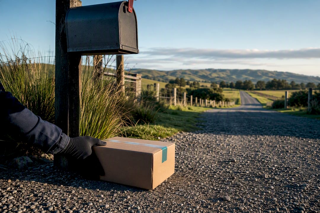 Parcel being delivered beside rural mailbox