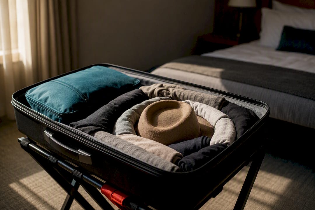 Cropped hat packed crown-down in suitcase