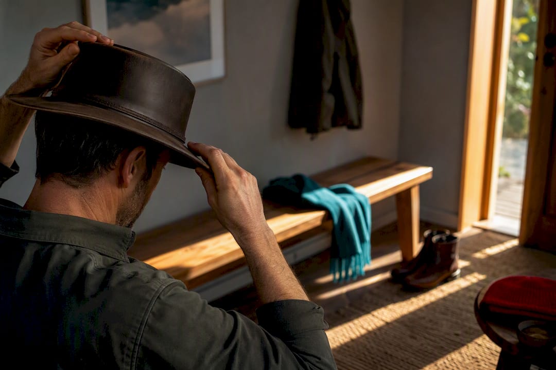 Hands settling an anonymous leather hat