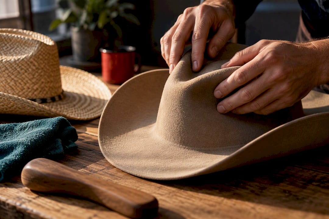 Hands reshaping felt and straw hat creases