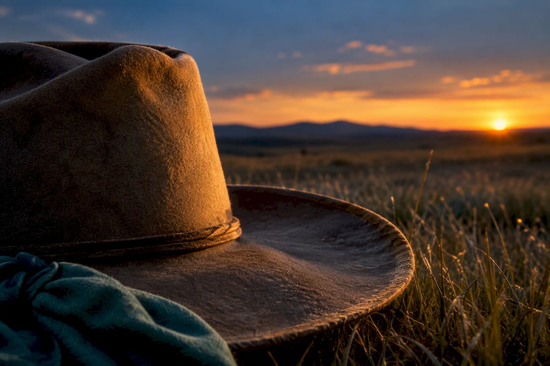 Partial felt cowboy hat against open plains