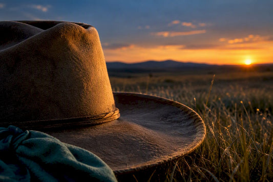 Partial felt cowboy hat against open plains
