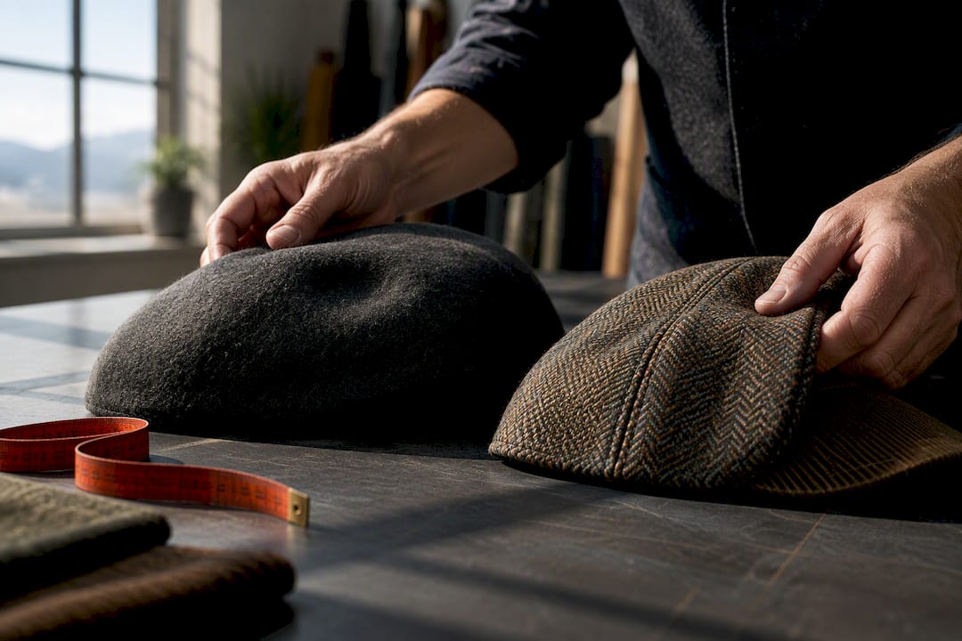 Close-up comparison of hat construction details
