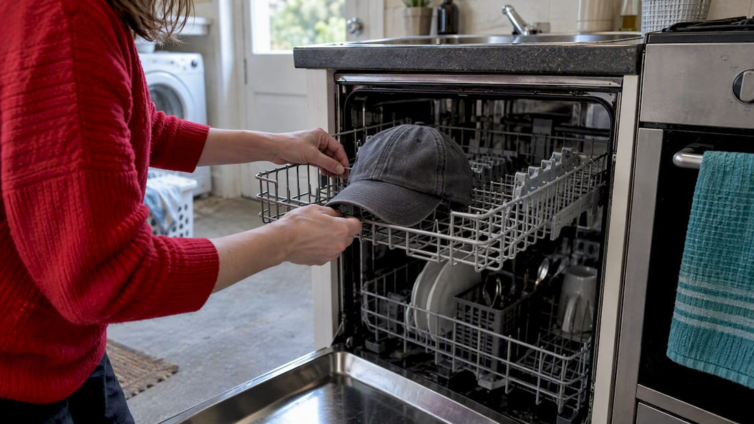 Baseball cap secured inside household dishwasher