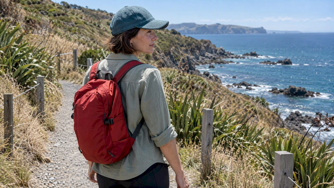 Walker wearing wool cap on New Zealand summer track