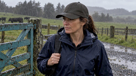 Oilskin cap worn in steady New Zealand rain
