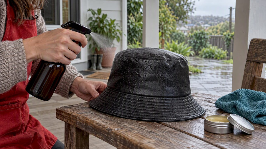 Waterproof leather hat being treated outdoors