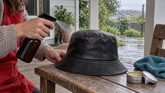 Waterproof leather hat being treated outdoors
