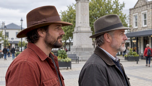 Wide outback brim beside a classic fedora