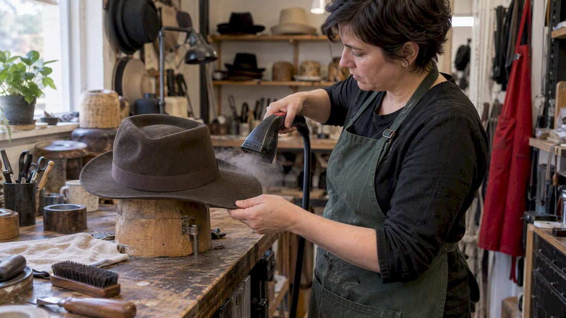Milliner steaming a wool felt fedora brim