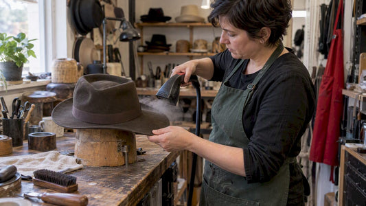 Milliner steaming a wool felt fedora brim