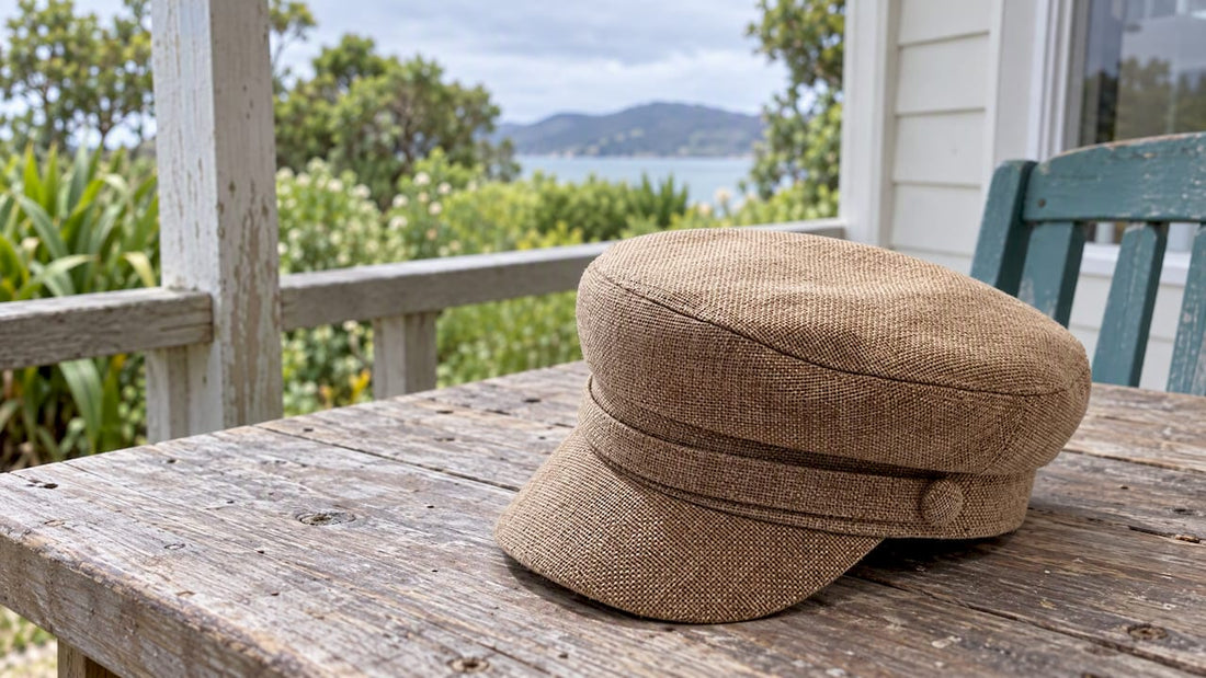 Cotton-linen flat cap on veranda shelf