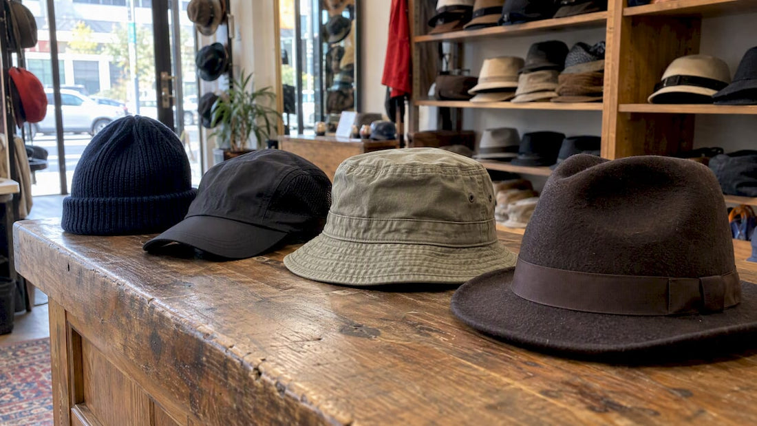 Different hat materials arranged on a shop counter