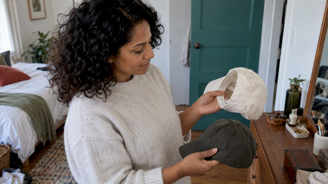 Woman checking the feel and fit of a hat