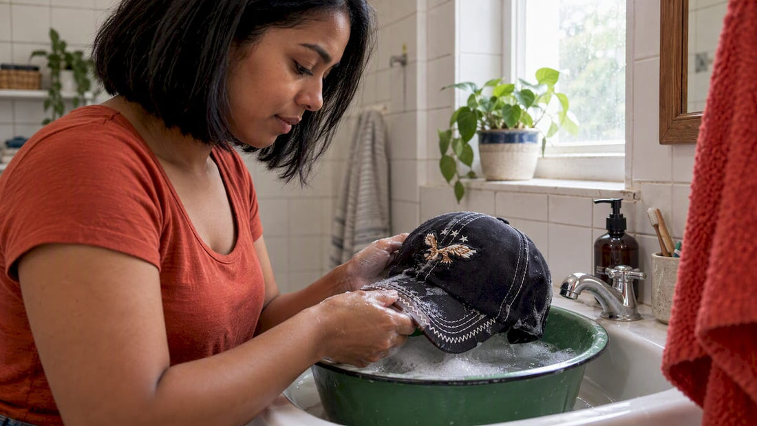 Embroidered cap being gently hand washed