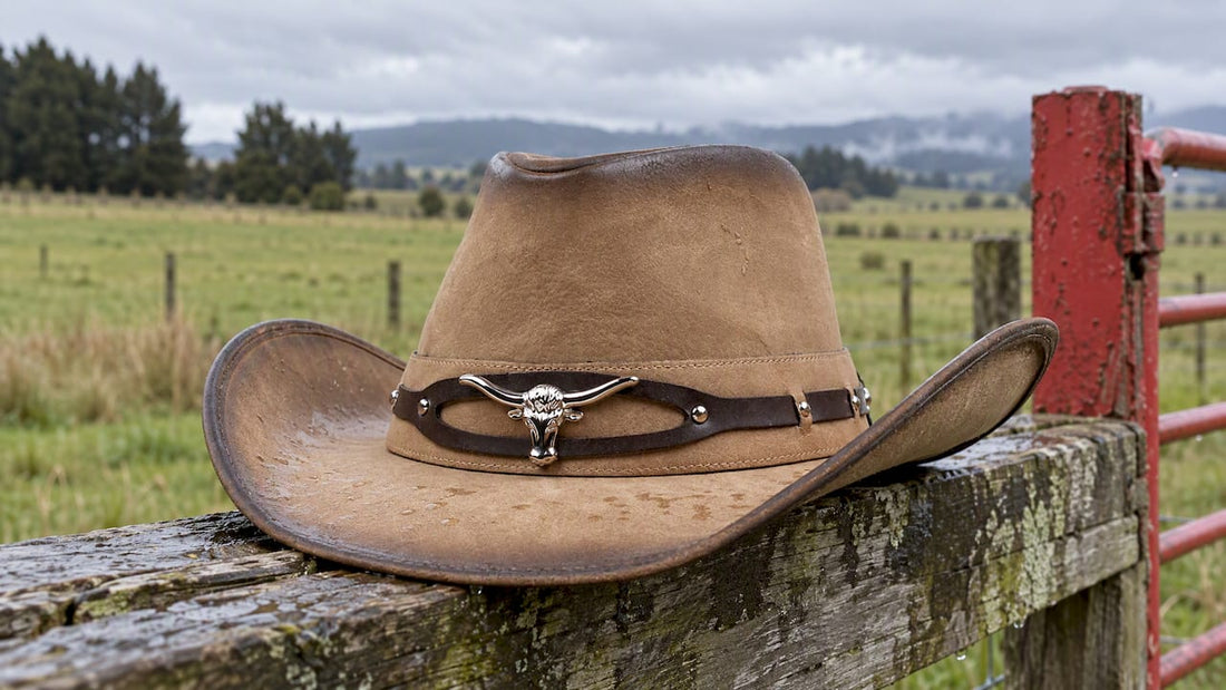 Leather cowboy hat beside a damp paddock