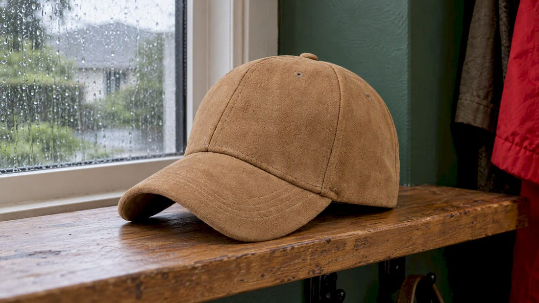 Suede cap resting beside a rain-streaked window