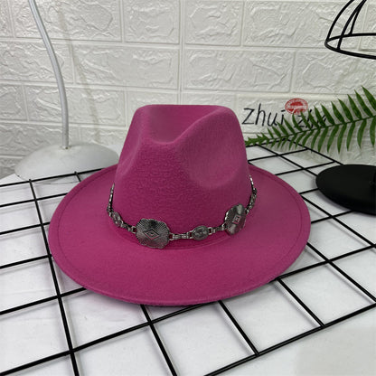 Hat Silver Square Chain Top Hat Wide Brim Flat Edge Woolen Fedora Hat - Urban Caps 