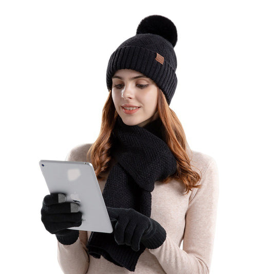Knitted Woolen Cap Women's Warm Hat Scarf Gloves Three-piece Set - Urban Caps 