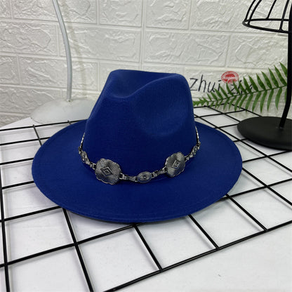 Hat Silver Square Chain Top Hat Wide Brim Flat Edge Woolen Fedora Hat - Urban Caps 