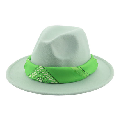 Paisley Ribbon Wide Brim Woolen Top Hat Felt Cowboy Hat - Urban Caps 