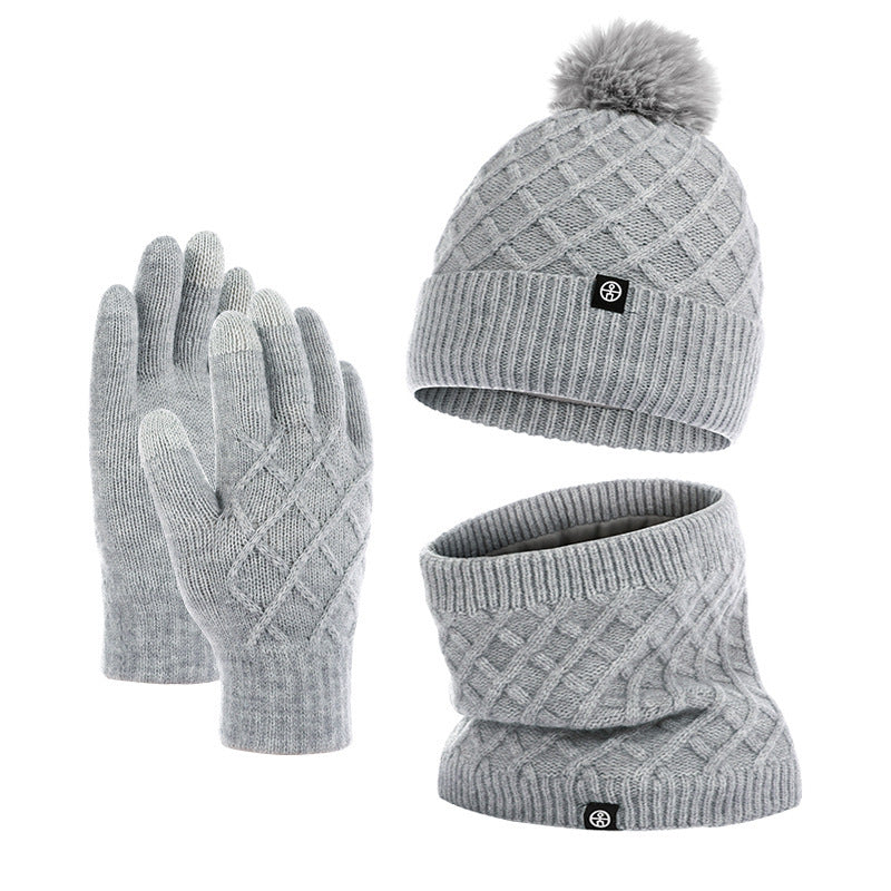 Autumn And Winter Hat Scarf Gloves Knitted Hat Amazon Outdoor Fleece-lined Warm Fur Ball Thickened Woolen Cap Three-piece Set - Urban Caps 