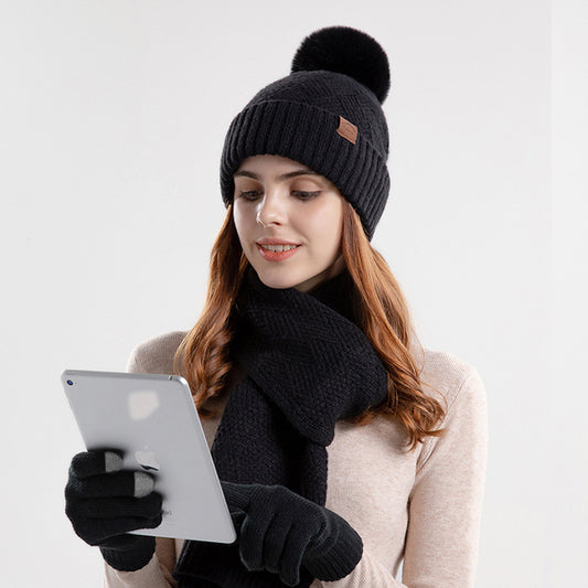 Knitted Woolen Cap Women's Warm Hat Scarf Gloves Three-piece Set - Urban Caps 