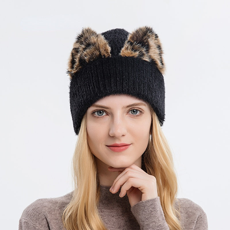 New Leopard Print Cat Ear Stretch Knitted Woolen Hat - Urban Caps 