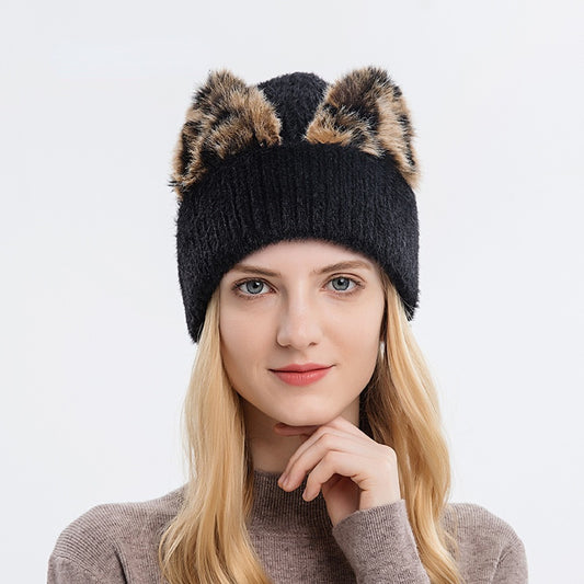 New Leopard Print Cat Ear Stretch Knitted Woolen Hat - Urban Caps 