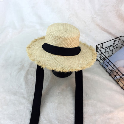 Flat-top raffia large-edge burred cotton ribbons with sunshade and sunscreen straw hat vacation beach hat tide - Urban Caps 