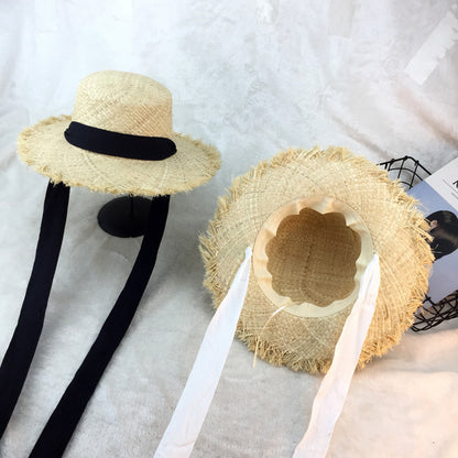Flat-top raffia large-edge burred cotton ribbons with sunshade and sunscreen straw hat vacation beach hat tide - Urban Caps 