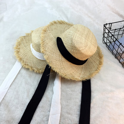 Flat-top raffia large-edge burred cotton ribbons with sunshade and sunscreen straw hat vacation beach hat tide - Urban Caps 