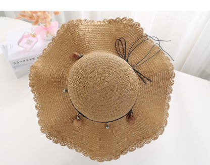 A Sunscreen Han Edition Big Beach Hat Wavy Skirt Together Leather Rope Weaving - Urban Caps 